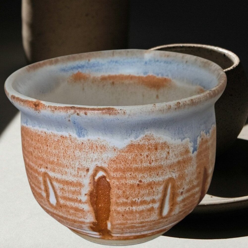 Handcrafted Ceramic Bowl Earthy Brown & Sky Blue Glaze Signed RB 2003